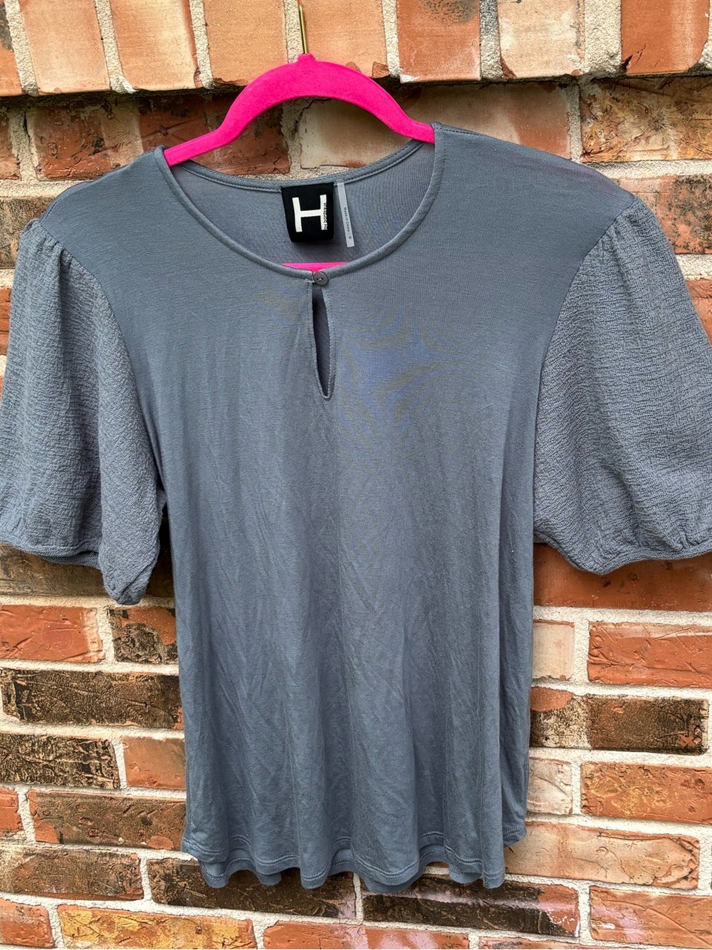 H by Bordeaux Blue Contrast Cotton Fabric Puff Sleeve Shirt. Size Medium